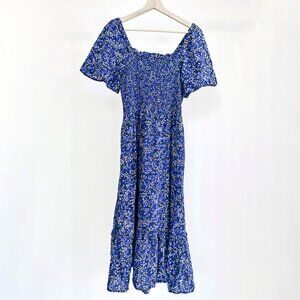 Like New-Draper James Blue Floral Smocked Midi Dress size M